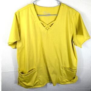Butter Soft Stretch Scrub Top Womens XL Yellow Criss Cross Neck 2 Pocket Nursing